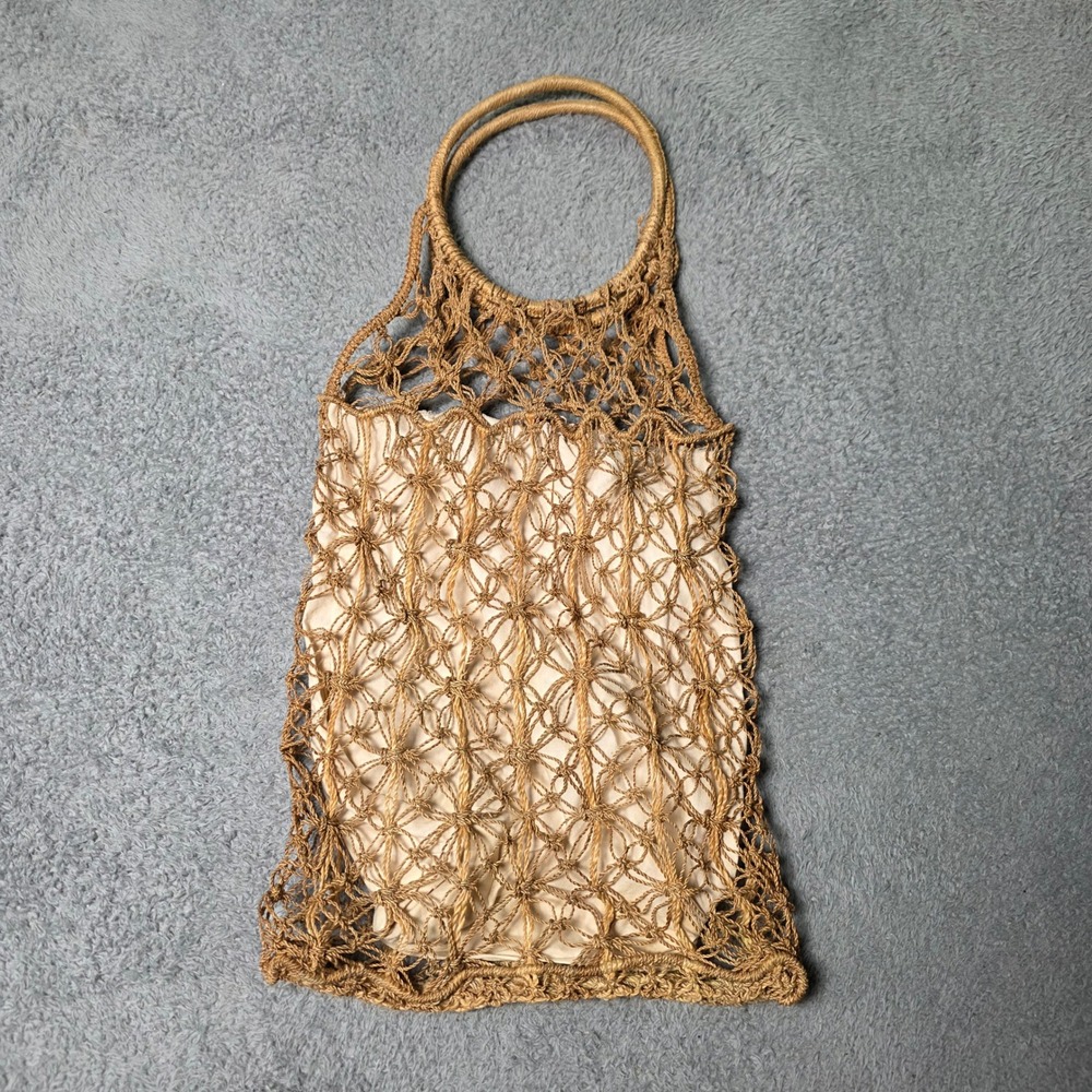 Womens Medium Tote Bag Tan Macrame Woven Floral Ring Handle Boho